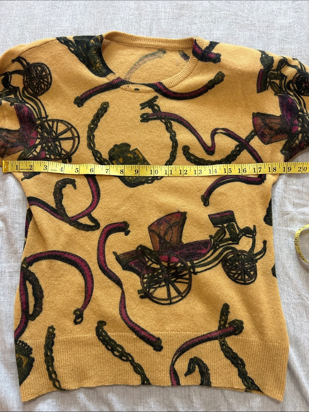 Vintage 90s Mustard Western Equestrian Print Sweater Shoulder Pads Estimated M/L - Picture 4 of 11